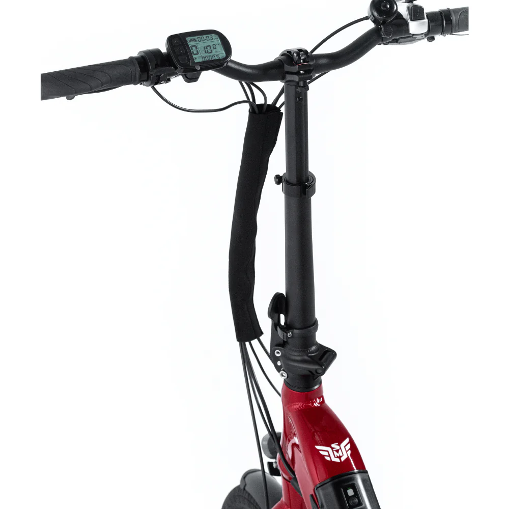 Red electric bicycle with handlebar and digital display on a white background