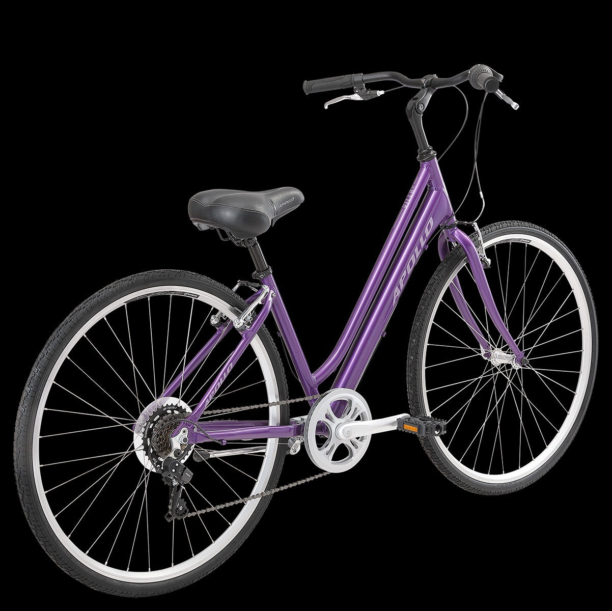 A purple Apollo step-through city bicycle with black handlebars, a black saddle, and white rims, shown against a solid black background.