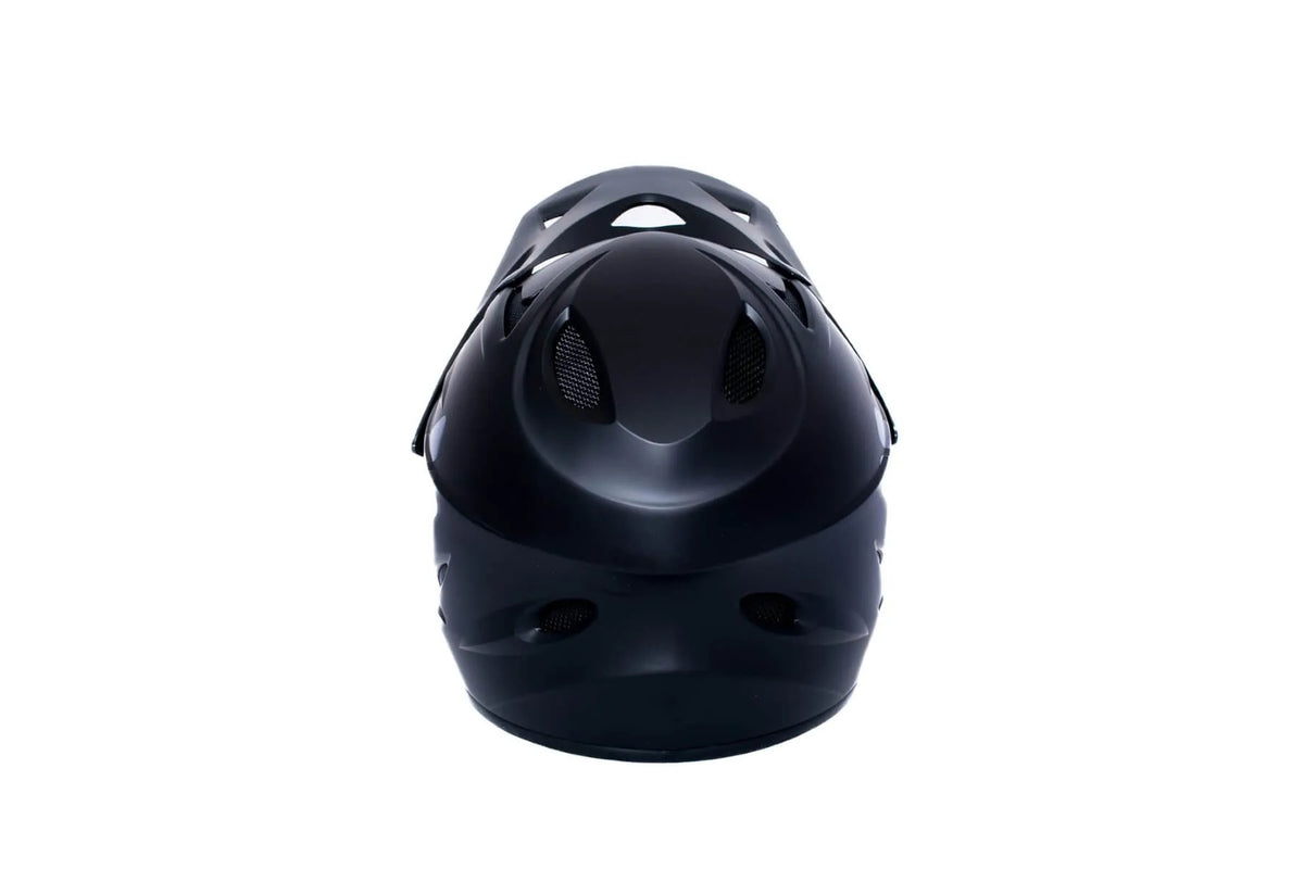 A rear view of a black full face mountain bike helmet on a white background