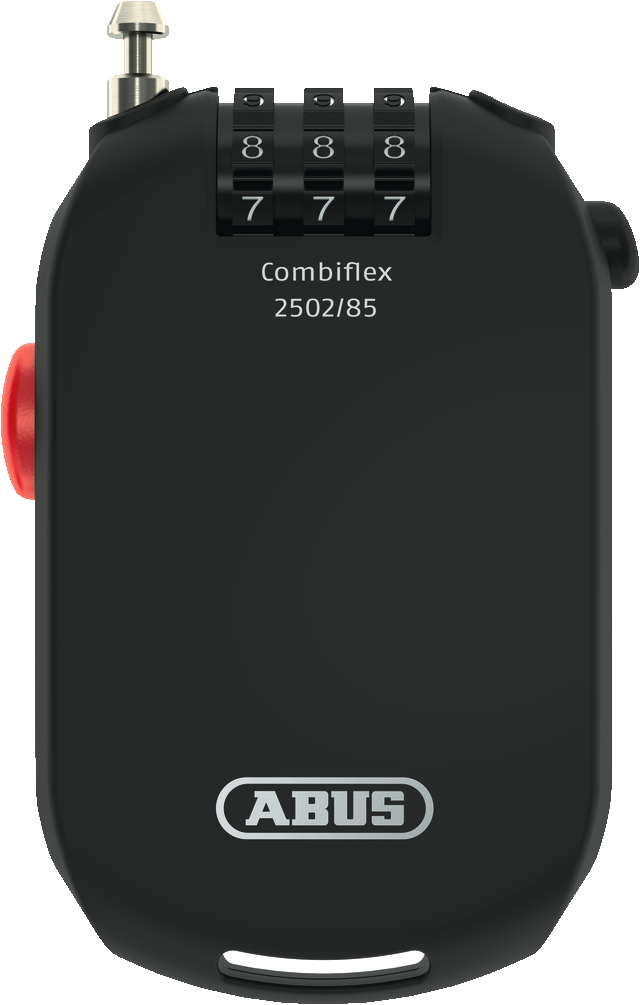 Black ABUS security lock with a red button combination lock on a white background