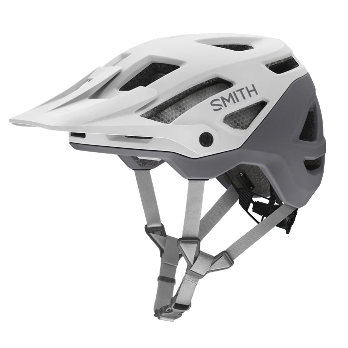 White and Grey Smith Mountain Bike Helmet against a white background