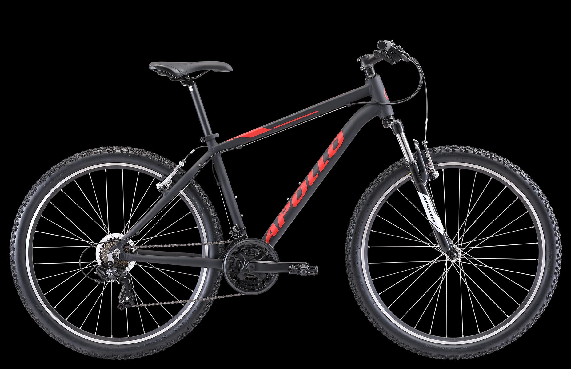 Black and red mountain bike with 'Apollo' branding on a black background