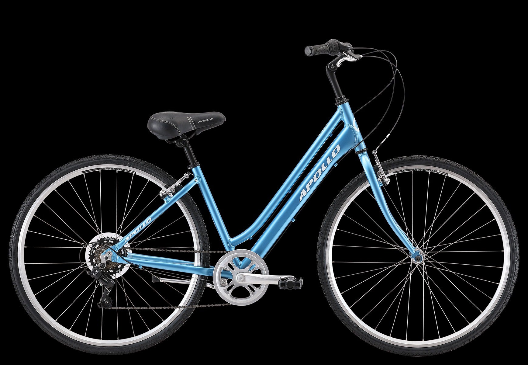 A light blue step-through city bicycle with black saddle, black grips, and silver rims, shown against a solid black background. The brand name 'APOLLO' is visible on the frame.