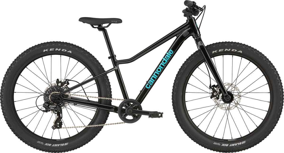 Black Kids Mountain Bike with 'Cannondale' branding printed on the downtube in turquoise on a white background