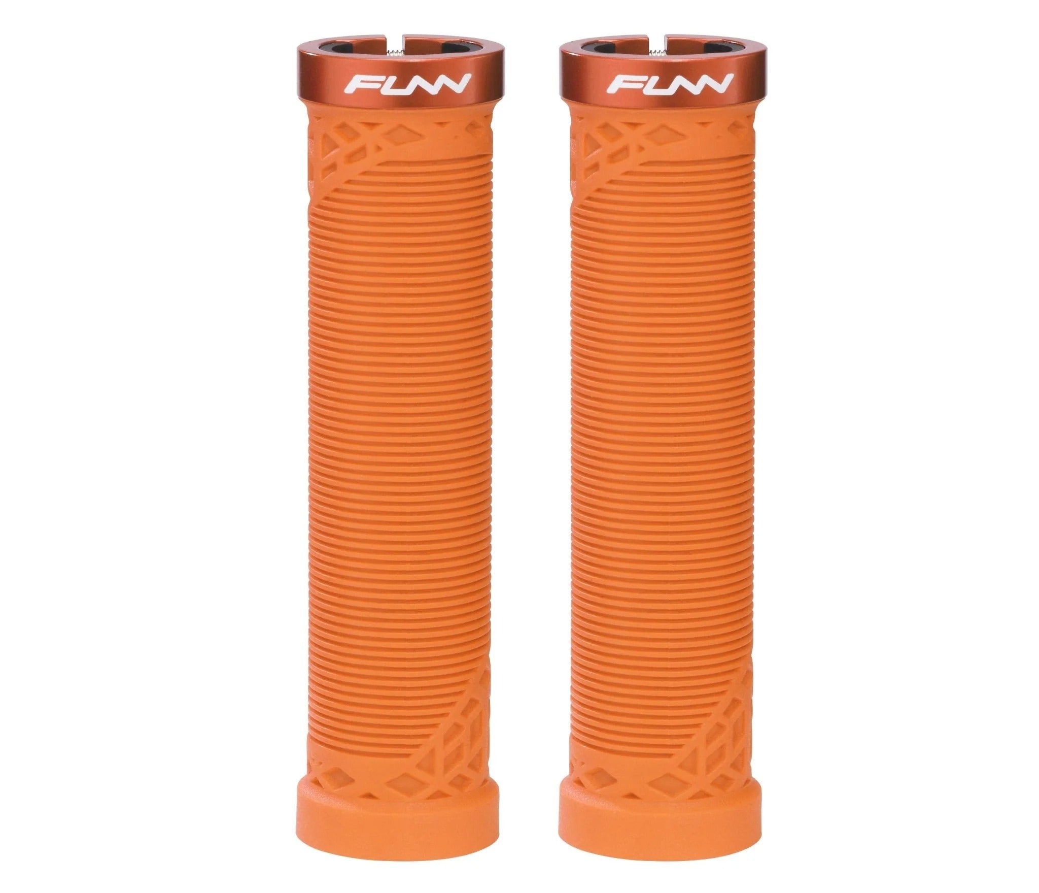 A pair of bright orange bicycle handlebar grips with a ribbed texture and geometric cutouts near the base, featuring a metallic bronze top section with the white 'FUNN' brand logo.