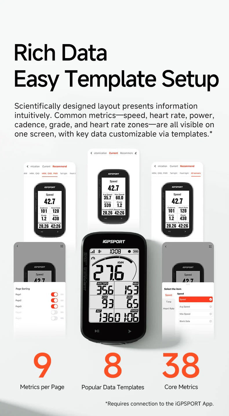 IGPSPORT cycling computer with display of metrics and customizable templates on a white background