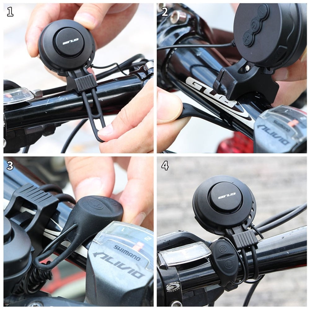 Step-by-step process of attaching a black bike bell to bicycle handlebars.