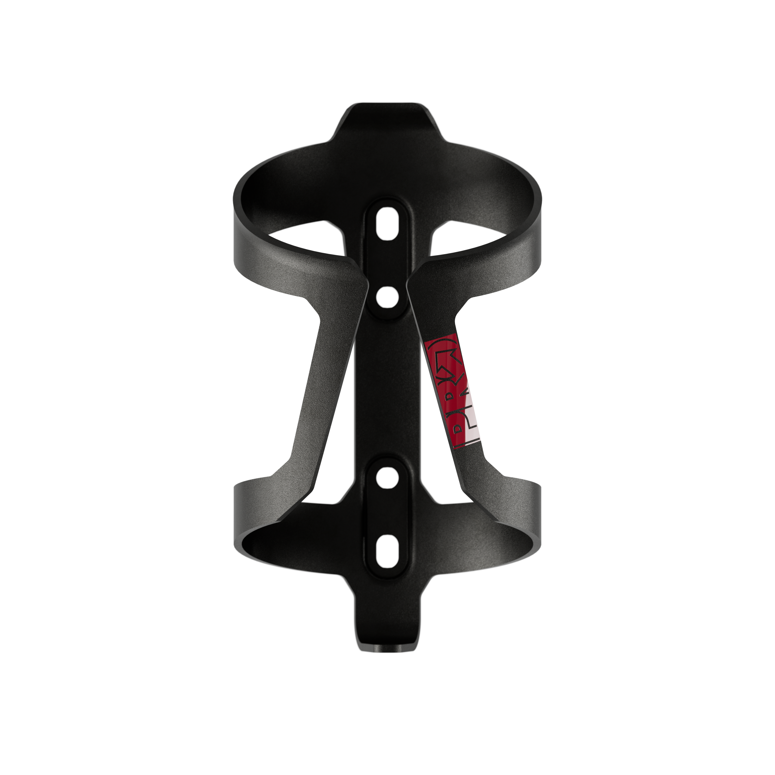 Black bicycle bottle cage with a red highlight on a white background