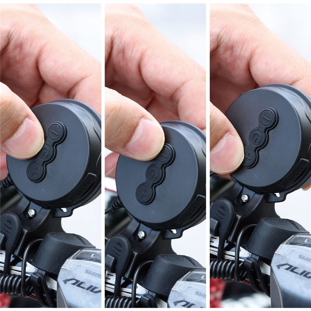Three views of a black bicyclebell being held by a hand.