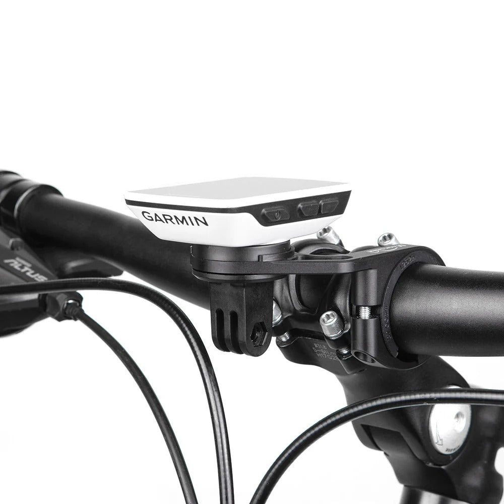 Garmin device mounted on a bicycle handlebar against a white background