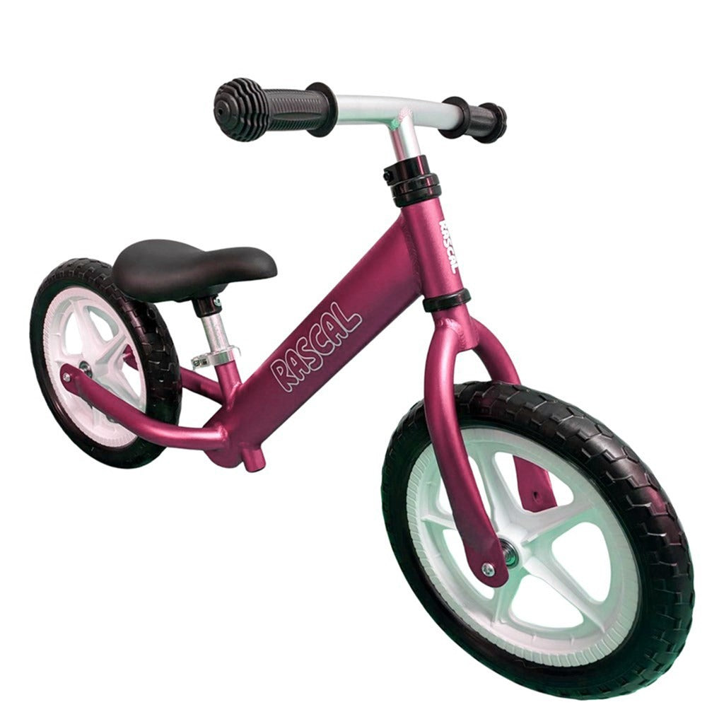 Pink Rascal balance bike with black seat on a white background