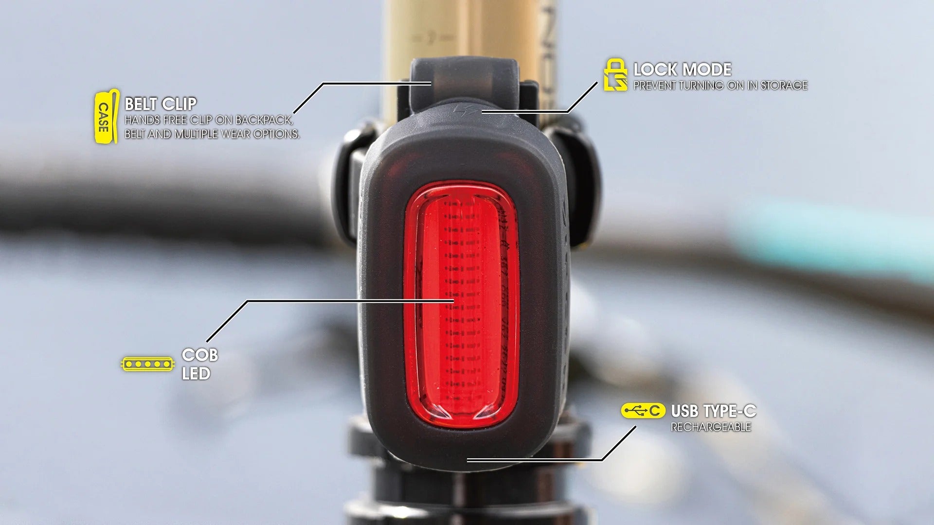 Bicycle tail light with labeled features on a blurred background