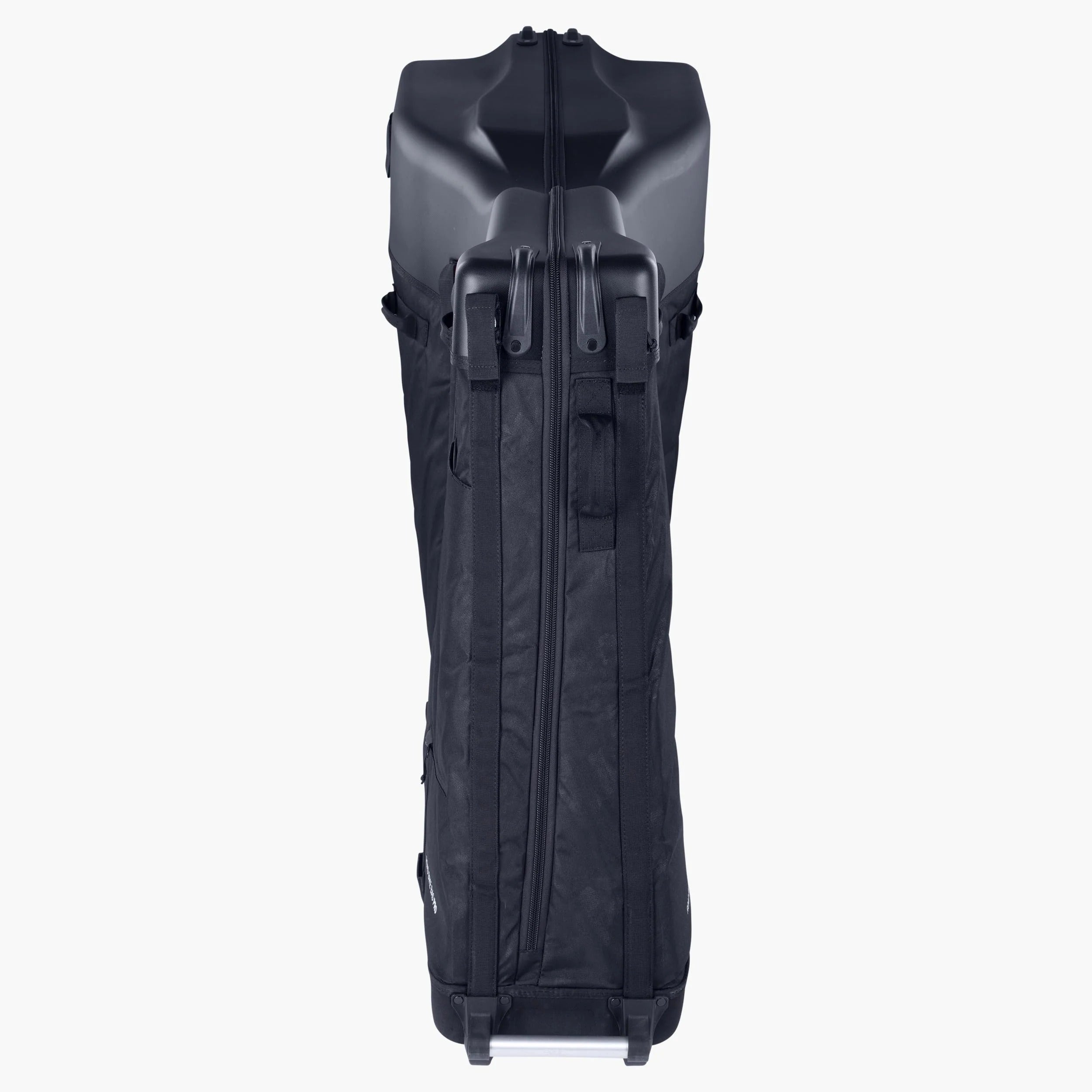 The underneath of a black bike travel bag on a white background