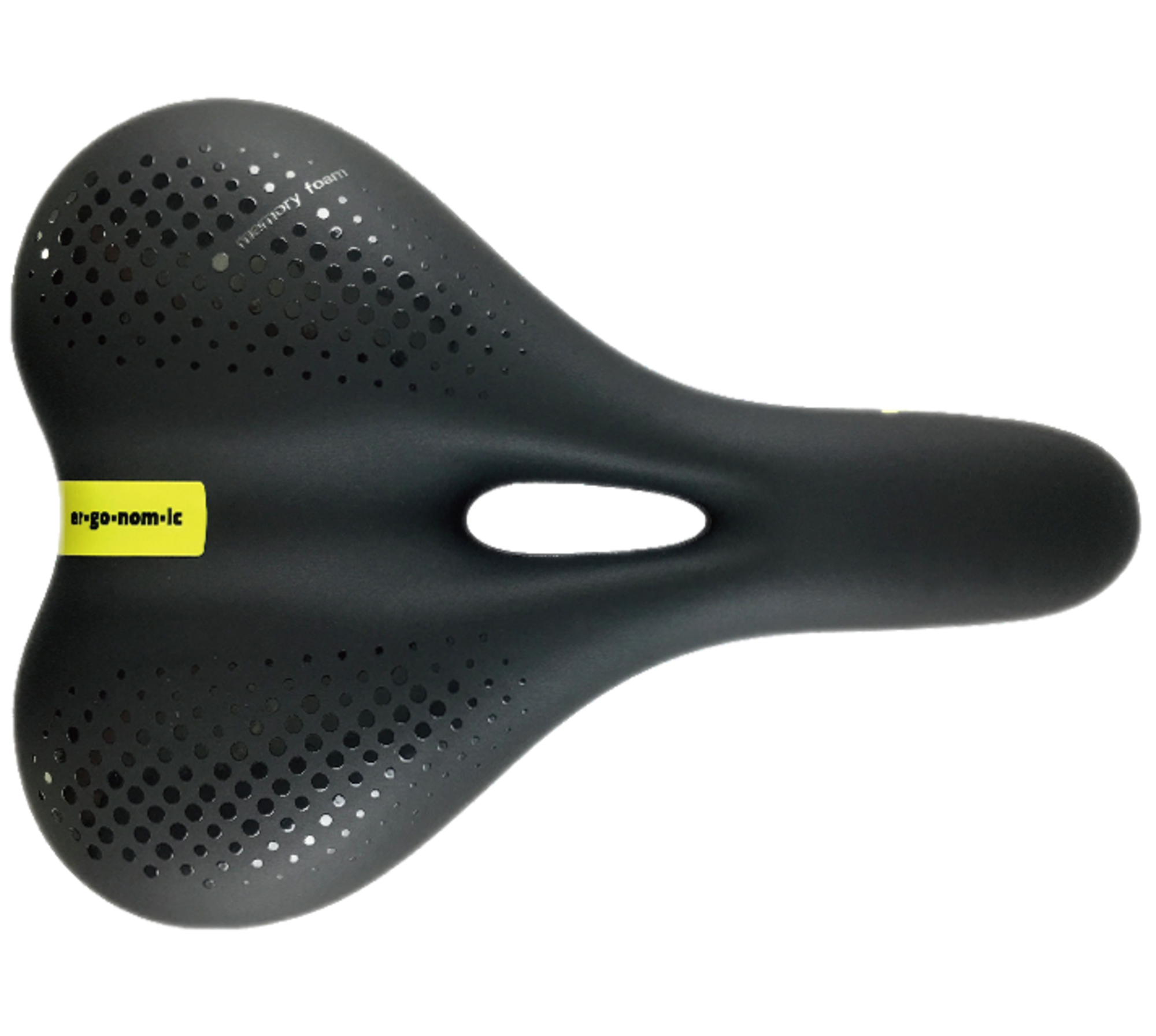 Black bicycle saddle with ergonomic label on a white background