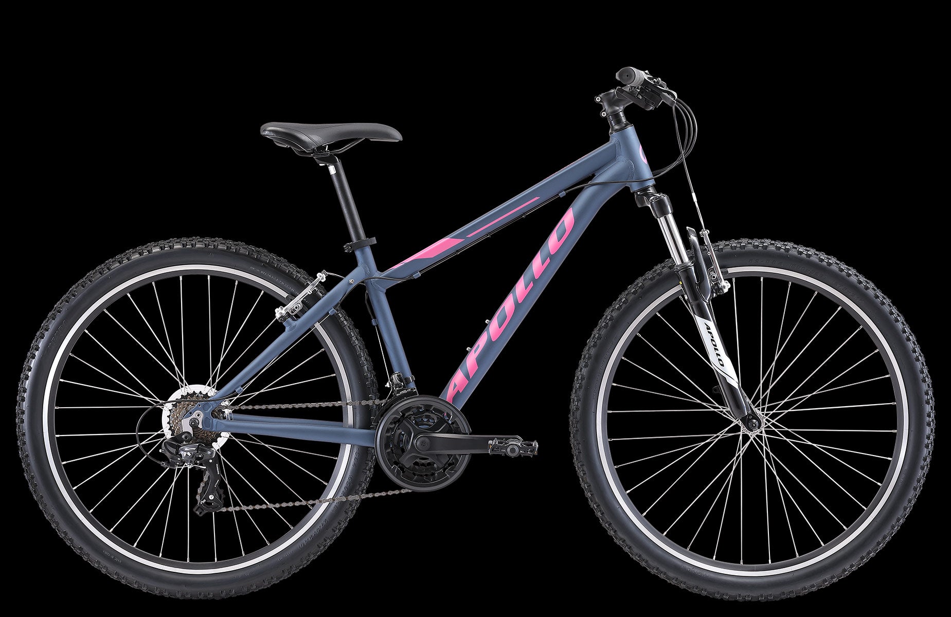 Slate blue mountain bike with pink accents on a black background