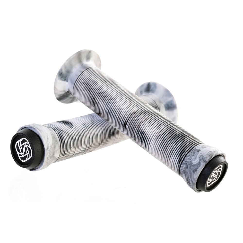 Pair of gray and black bicycle grips on a white background