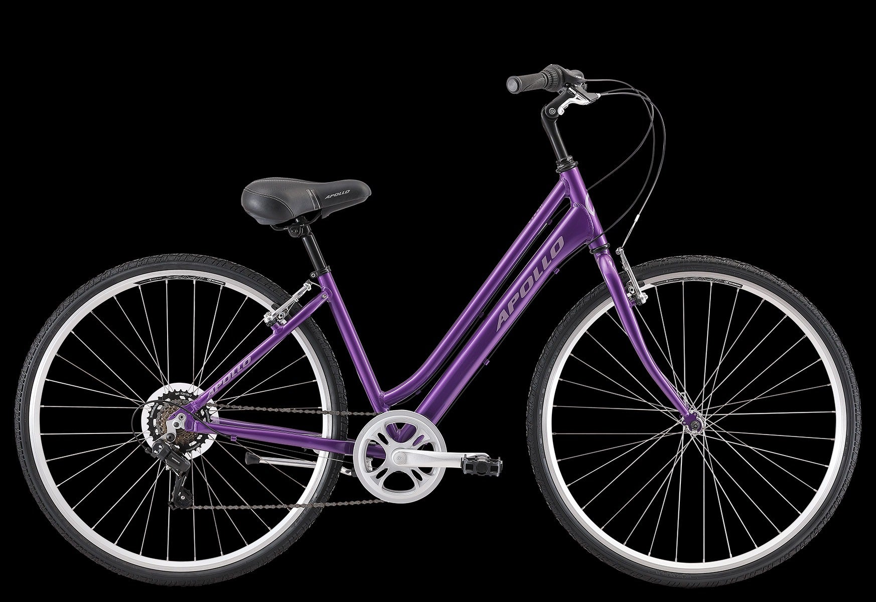 A purple step-through city bicycle with black saddle, black grips, and white rims, shown against a solid black background. The brand name 'APOLLO' is visible on the down tube.