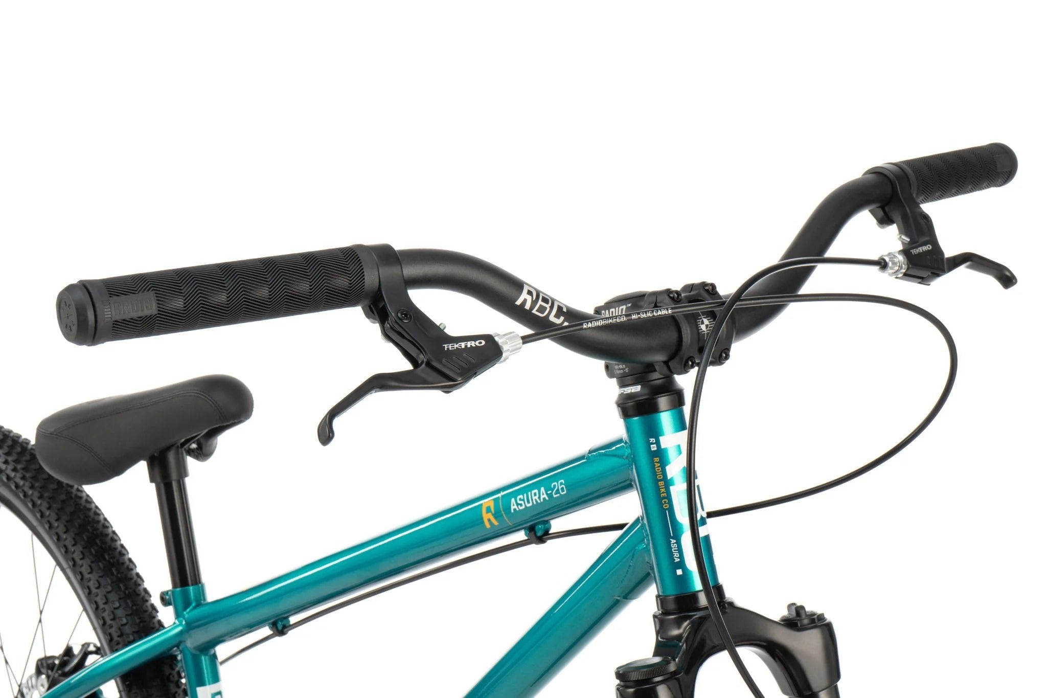 Close up of a blue Dirt Jumper Bike with black handlebars and seat on a white background