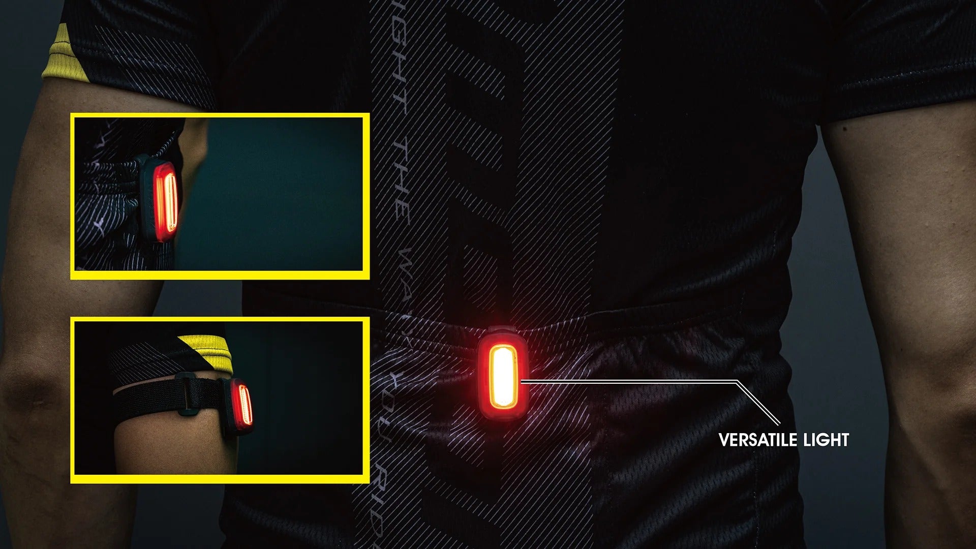 Close-up of a person wearing a red bike light tucked into the pocket of his cycling jersey on a dark background.