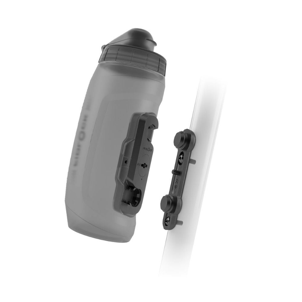 Grey Fidlock twist water bottle with attachment to bike on a white background