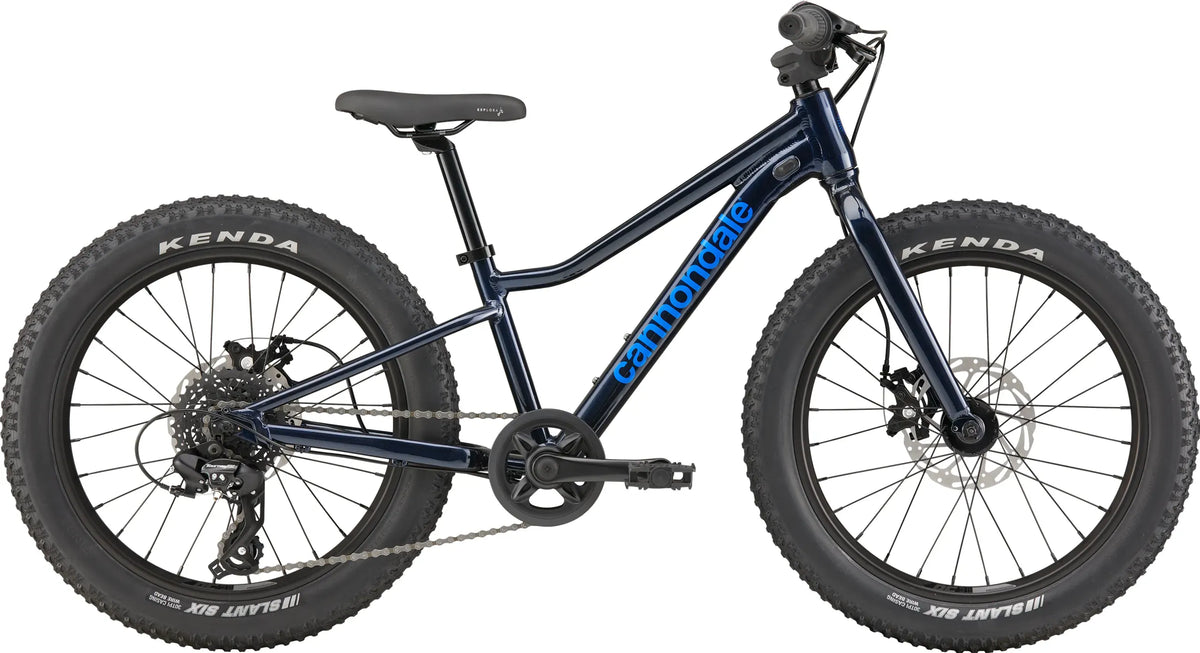 Black kids mountain bike with 'Cannondale' printed in blue on the down tube on a white background