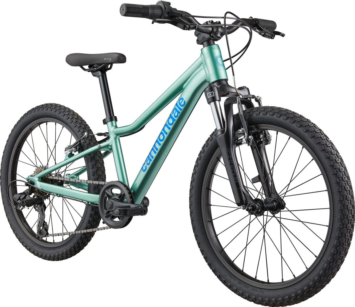 A green Cannondale kids mountain bike on a white background