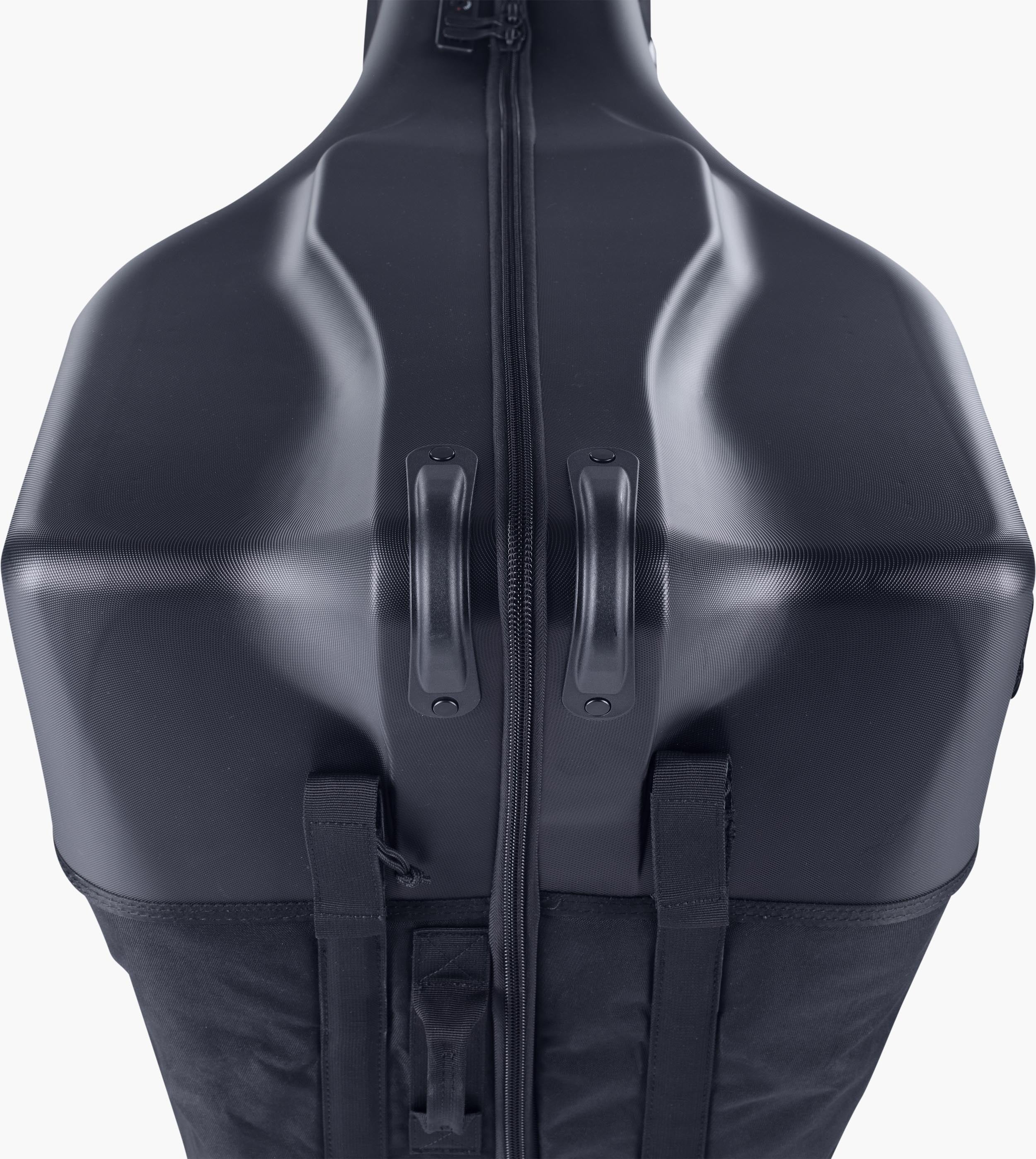A close up of the top of a black Road Bike Travel Bag on a white background