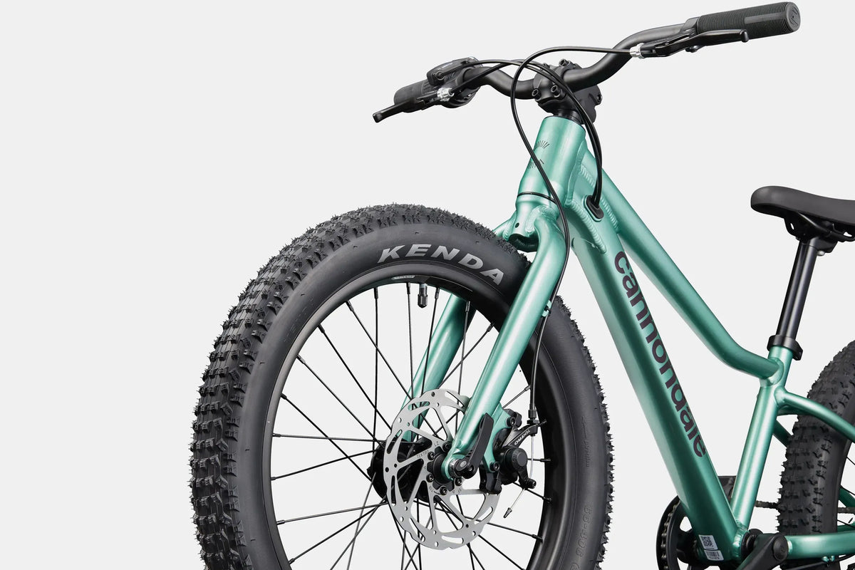 A green Cannondale kids mountain bike on a white background
