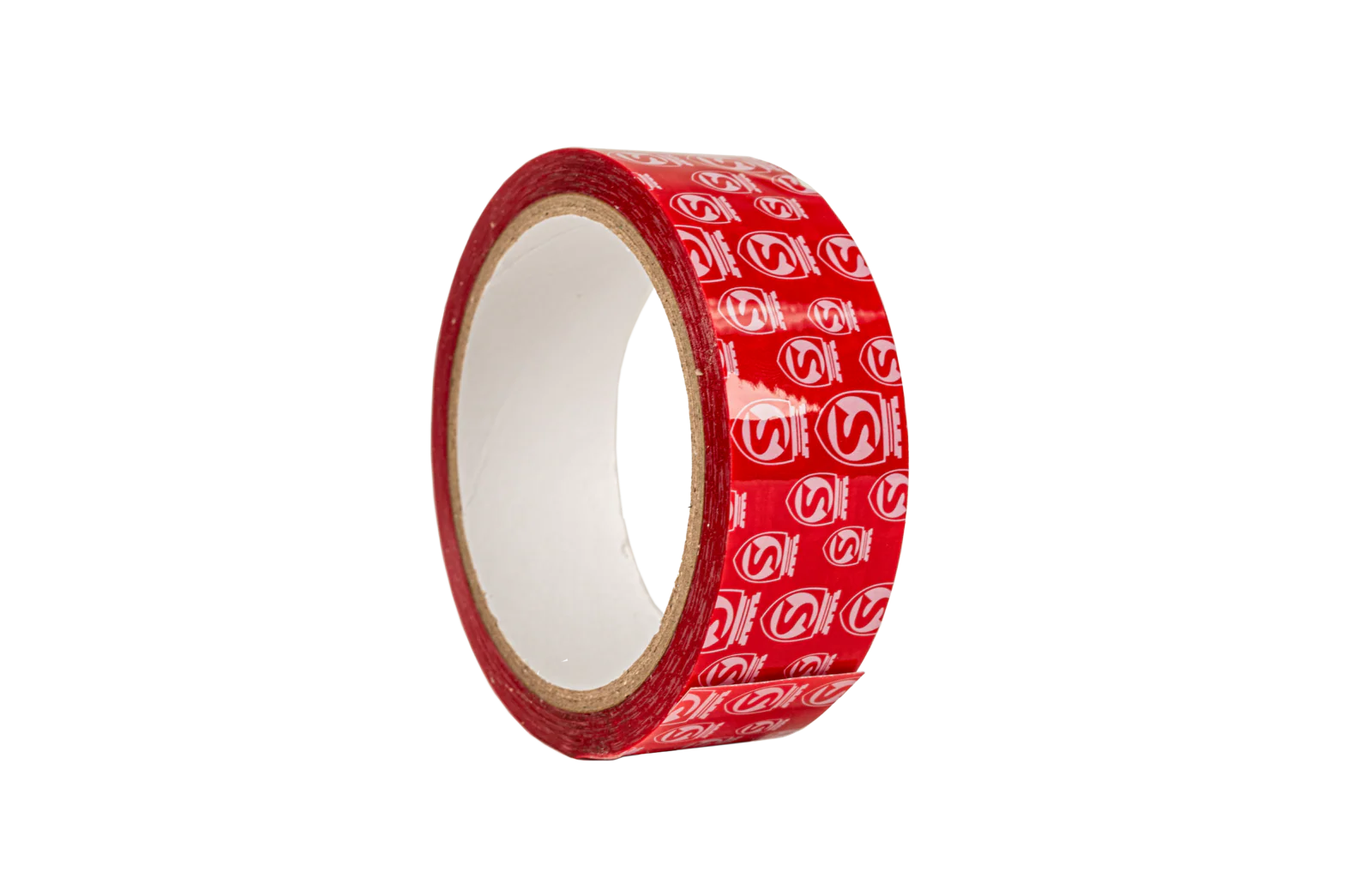Red tubeless rim tape with a logo on a white background