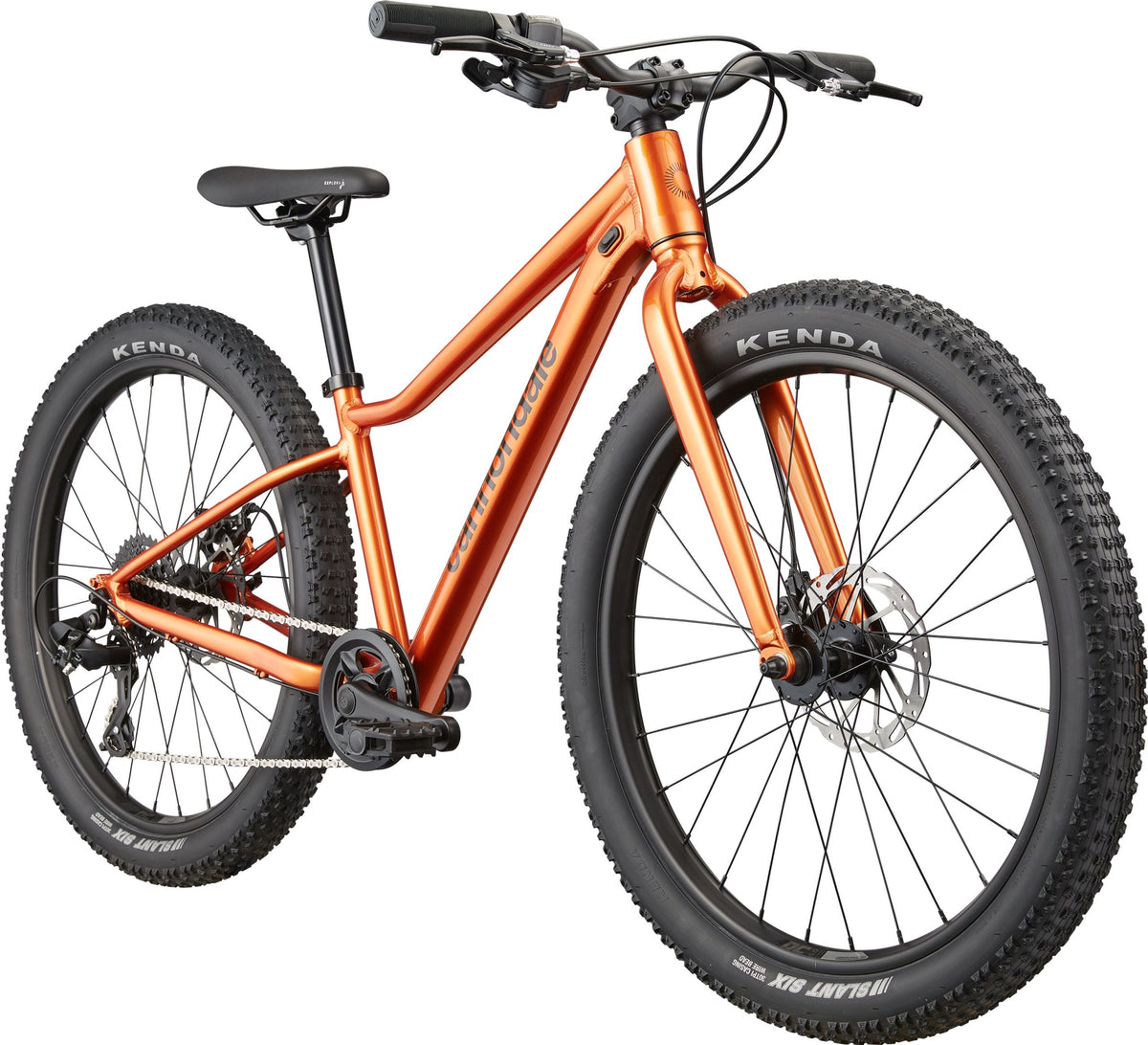 Orange Cannondale kids mountain bike on a white background