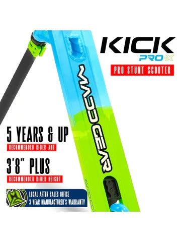 Pro stunt scooter with 'KICK' and 'Madd Gear' branding on a white background