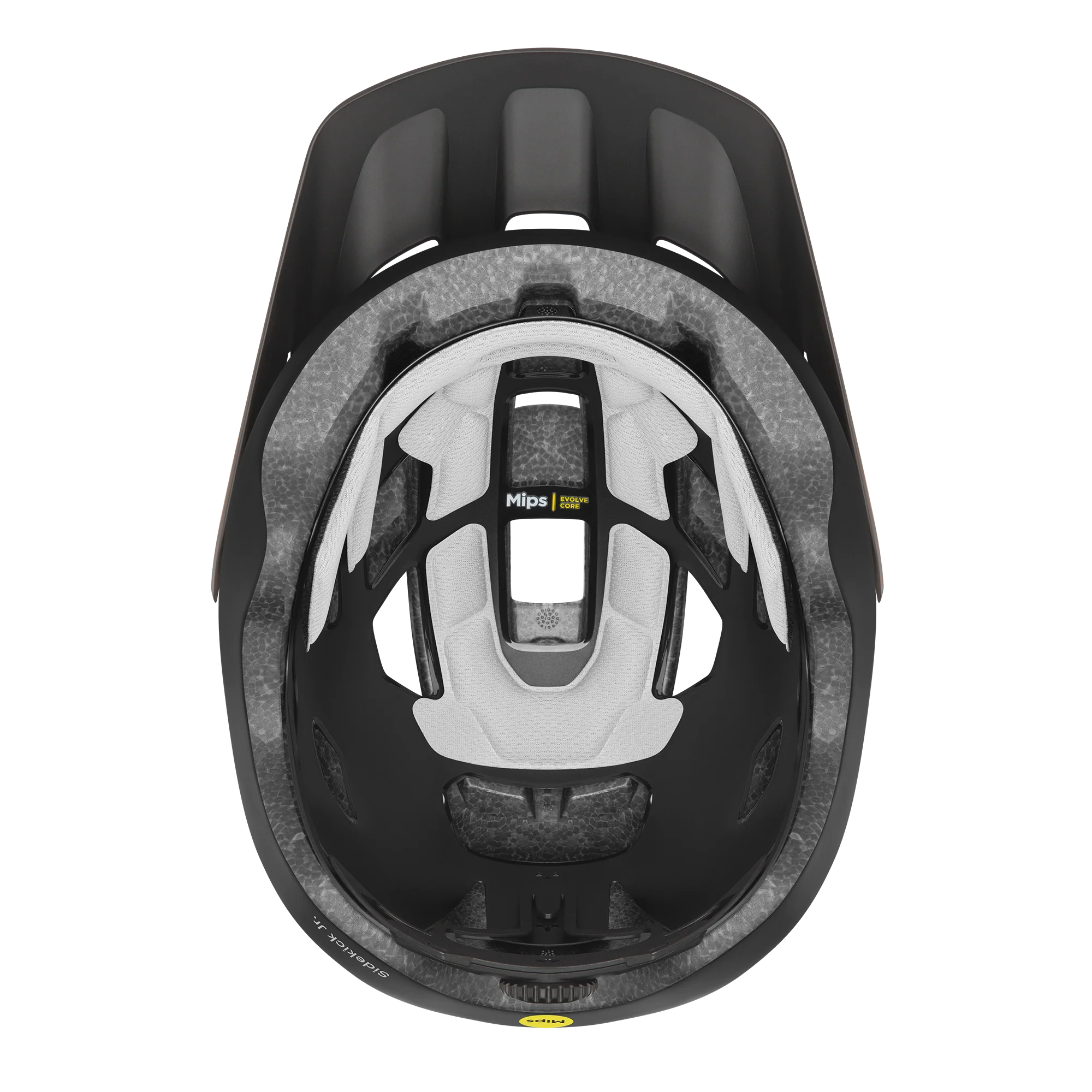 A close up of the underneath of a black mountain bike helmet against a white background