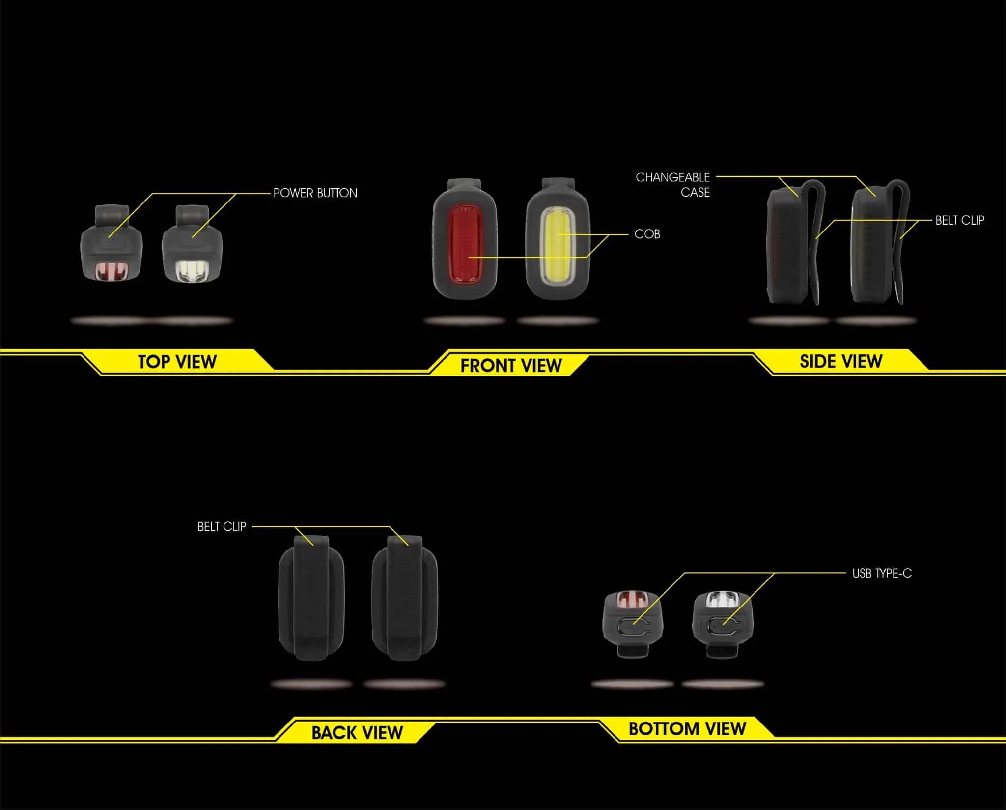 Diagram showing top, front, side, back, and bottom views of front and rear bicycle lights with labeled parts.