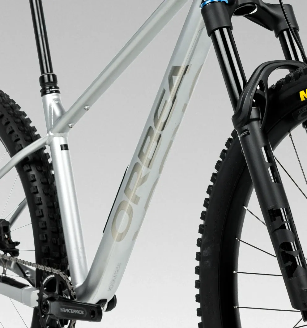 Close-up of a silver Orbea mountain bike frame and black tyres on a light gray background