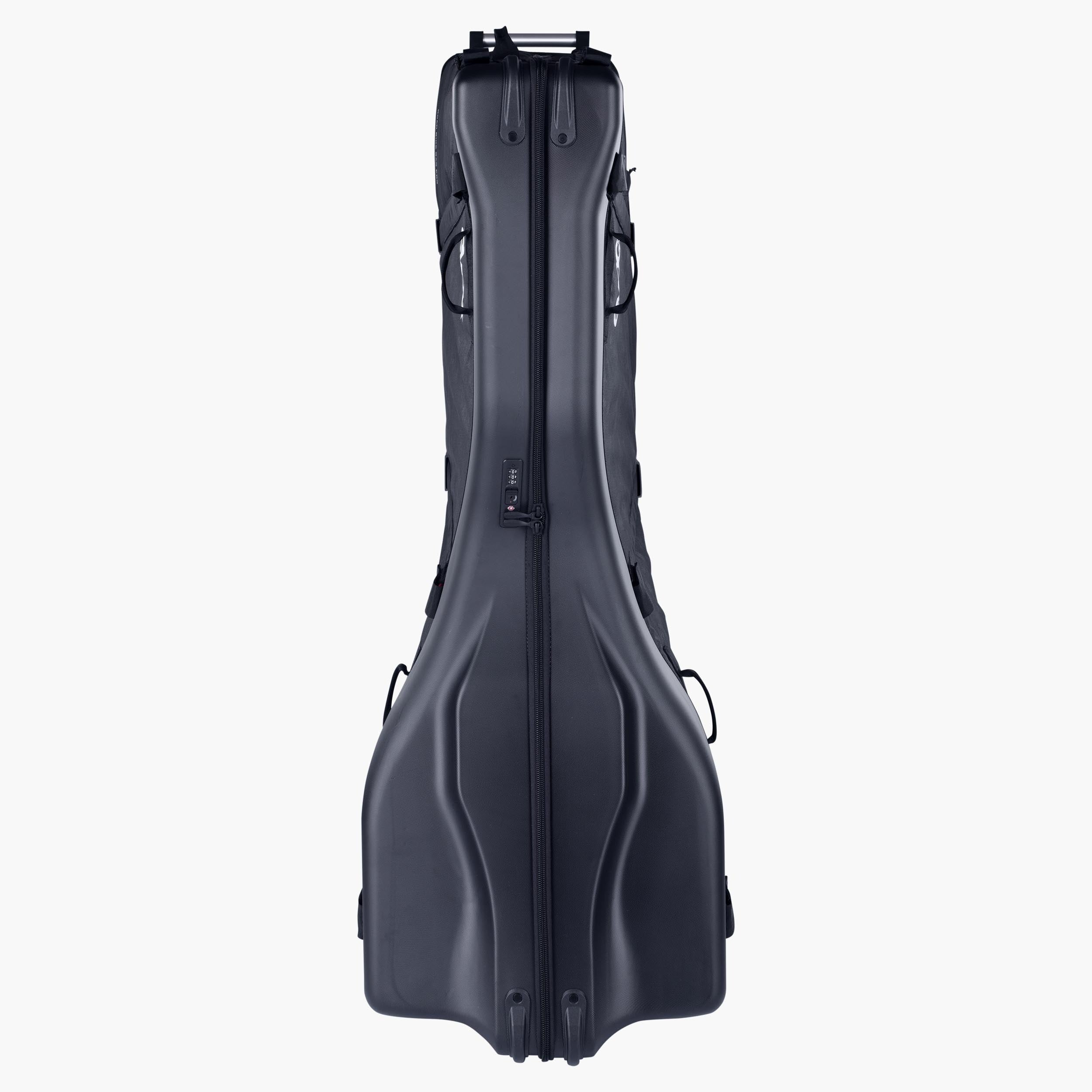 A top view of a black road bike travel bag on a white background