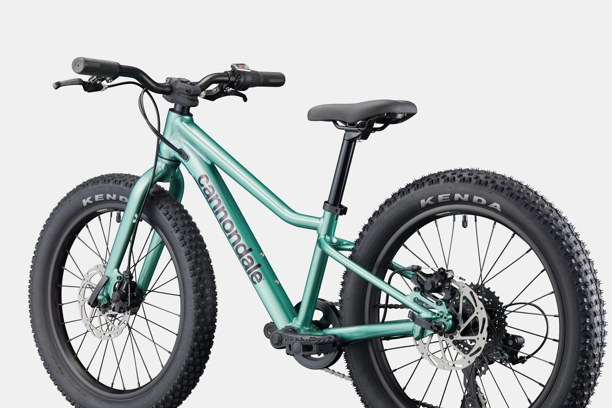 A green Cannondale kids mountain bike on a white background