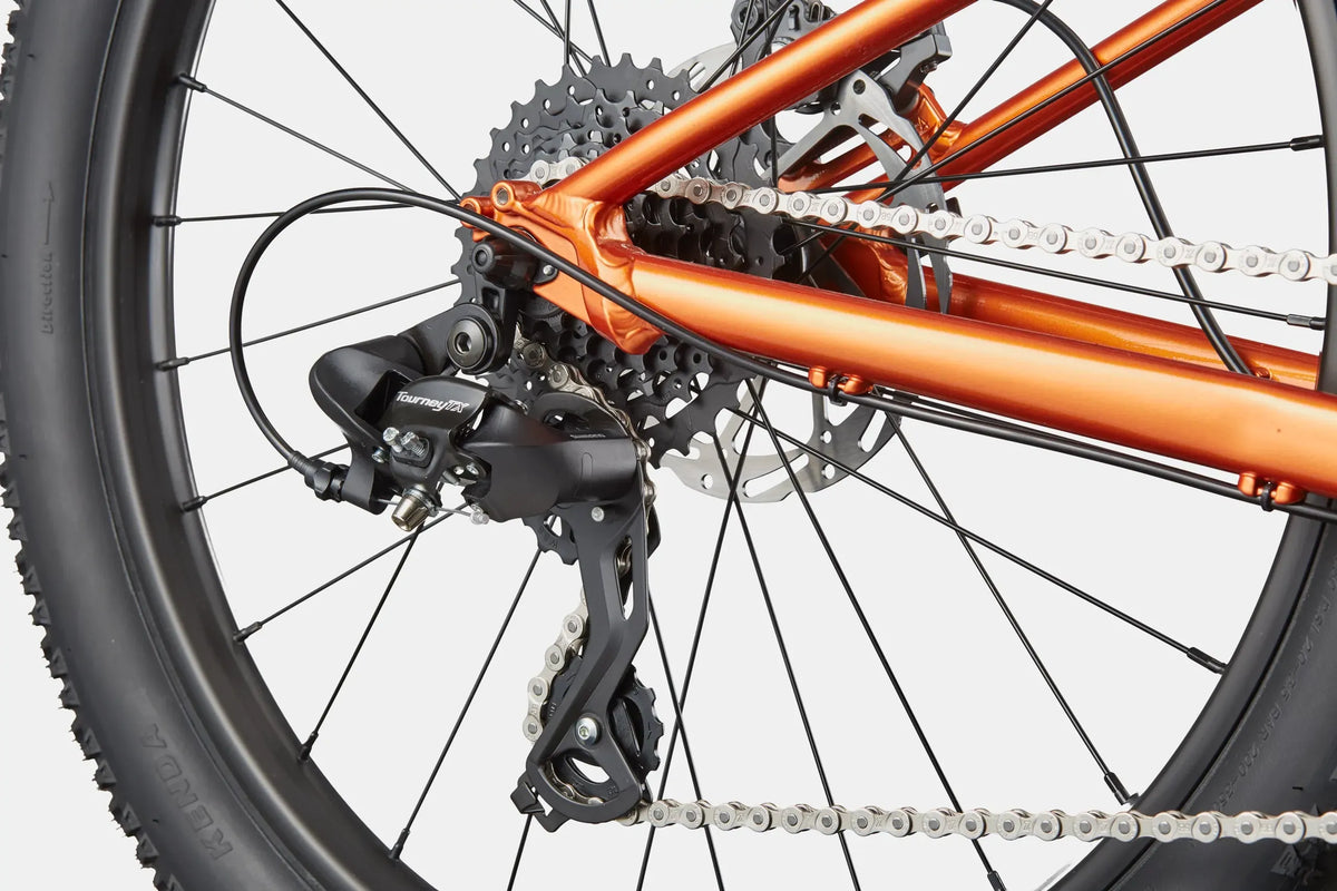 Close up of a rear derailleur on an orange mountain bike on a white background