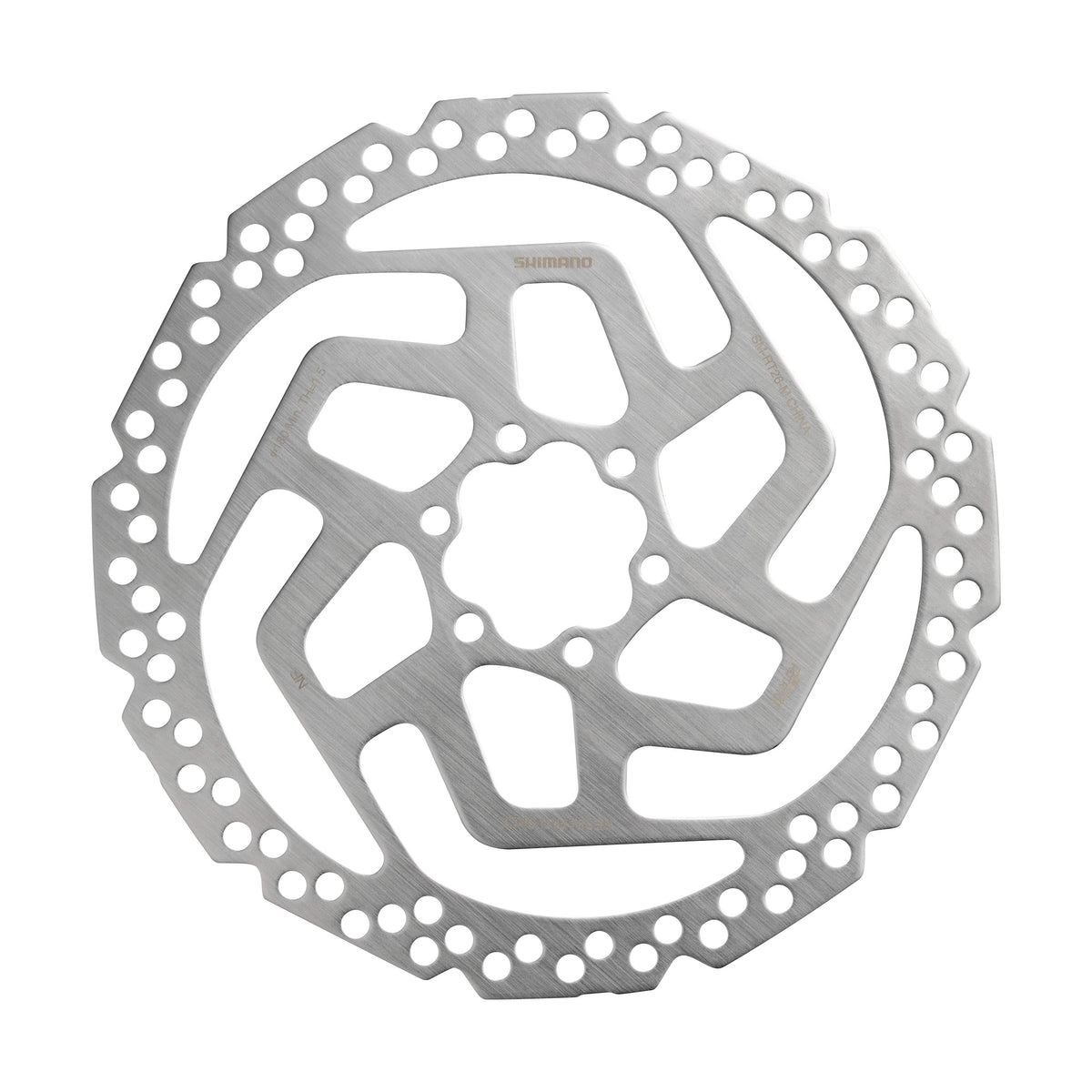 Silver bicycle disc rotor on a white background