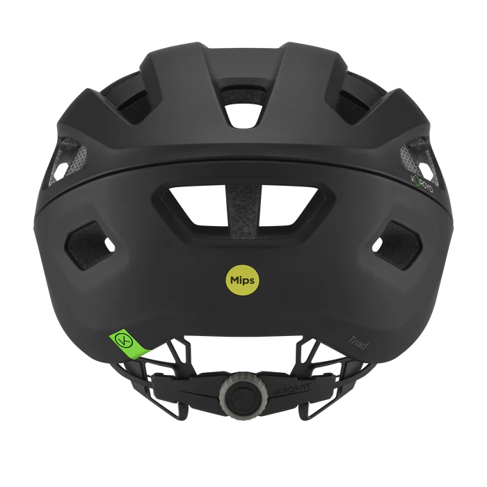 Black bike helmet with MIPS technology on a white background
