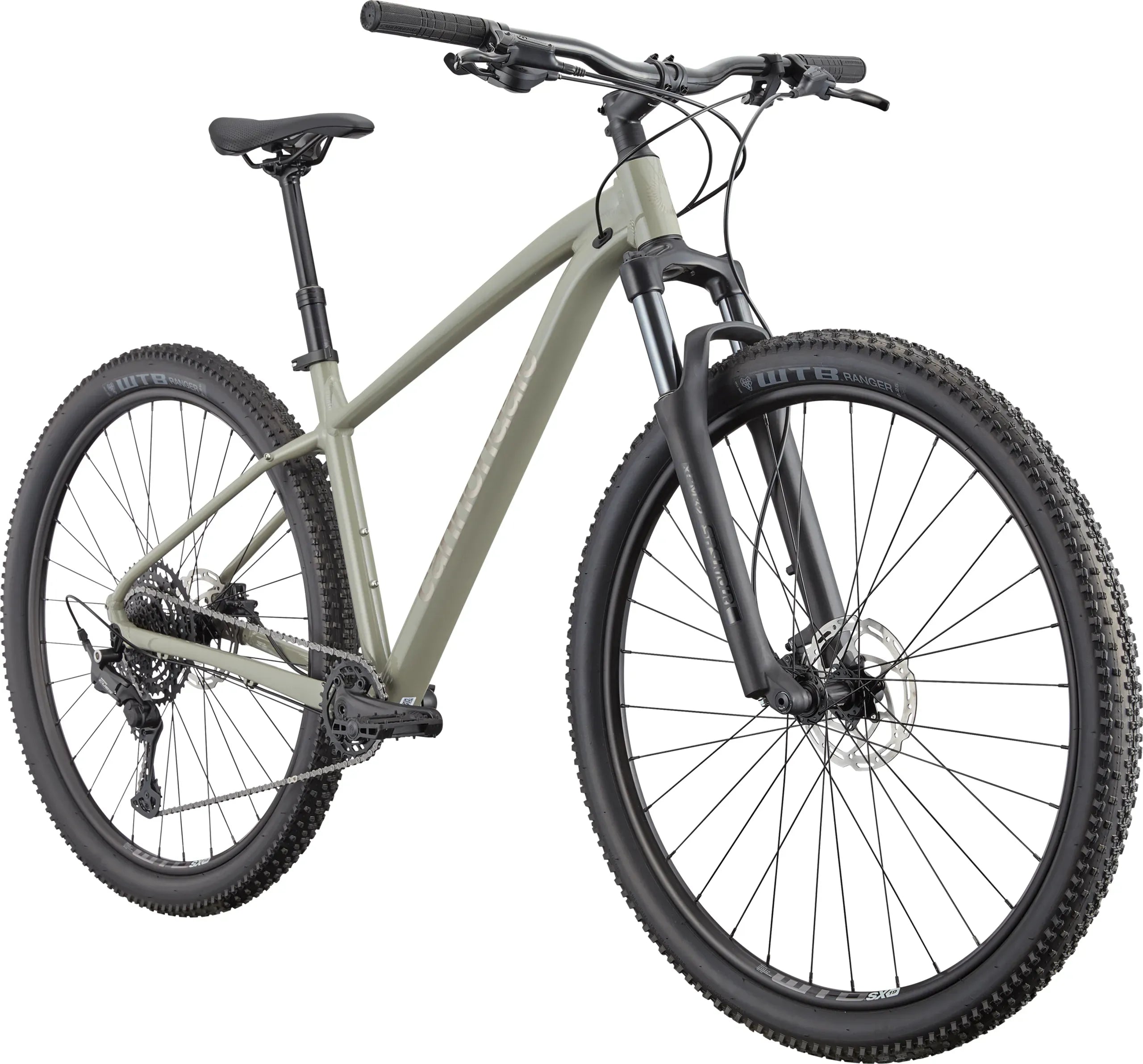 Mountain bike with a light green frame and black components on a white background