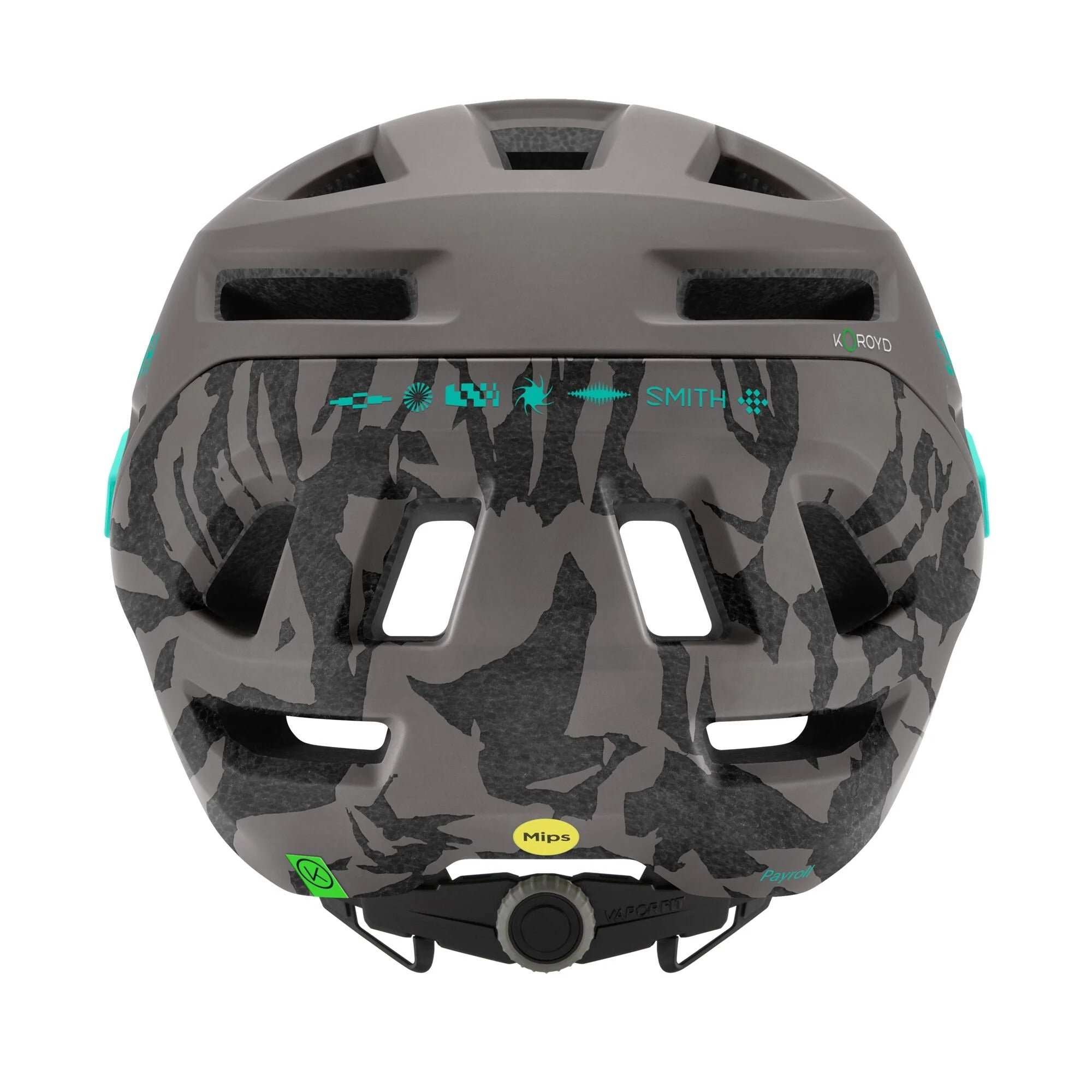 back of a mountain bike helmet with gray camouflage-patterns with visible 'Smith' branding on a white background