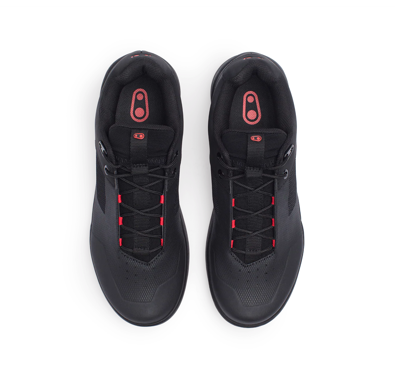 Black mountain bike flat shoes with red accents on a white background