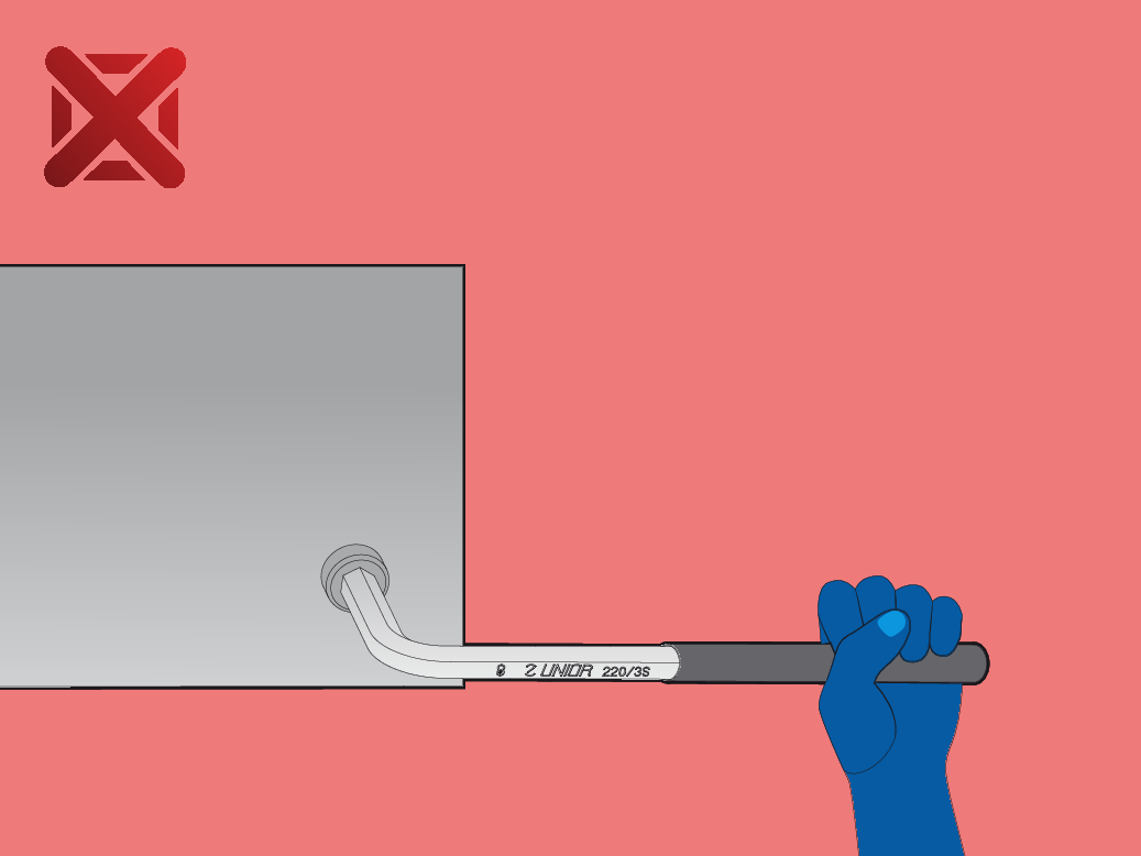 Illustration of a hand holding a Hex tool against a red background with a metal object.