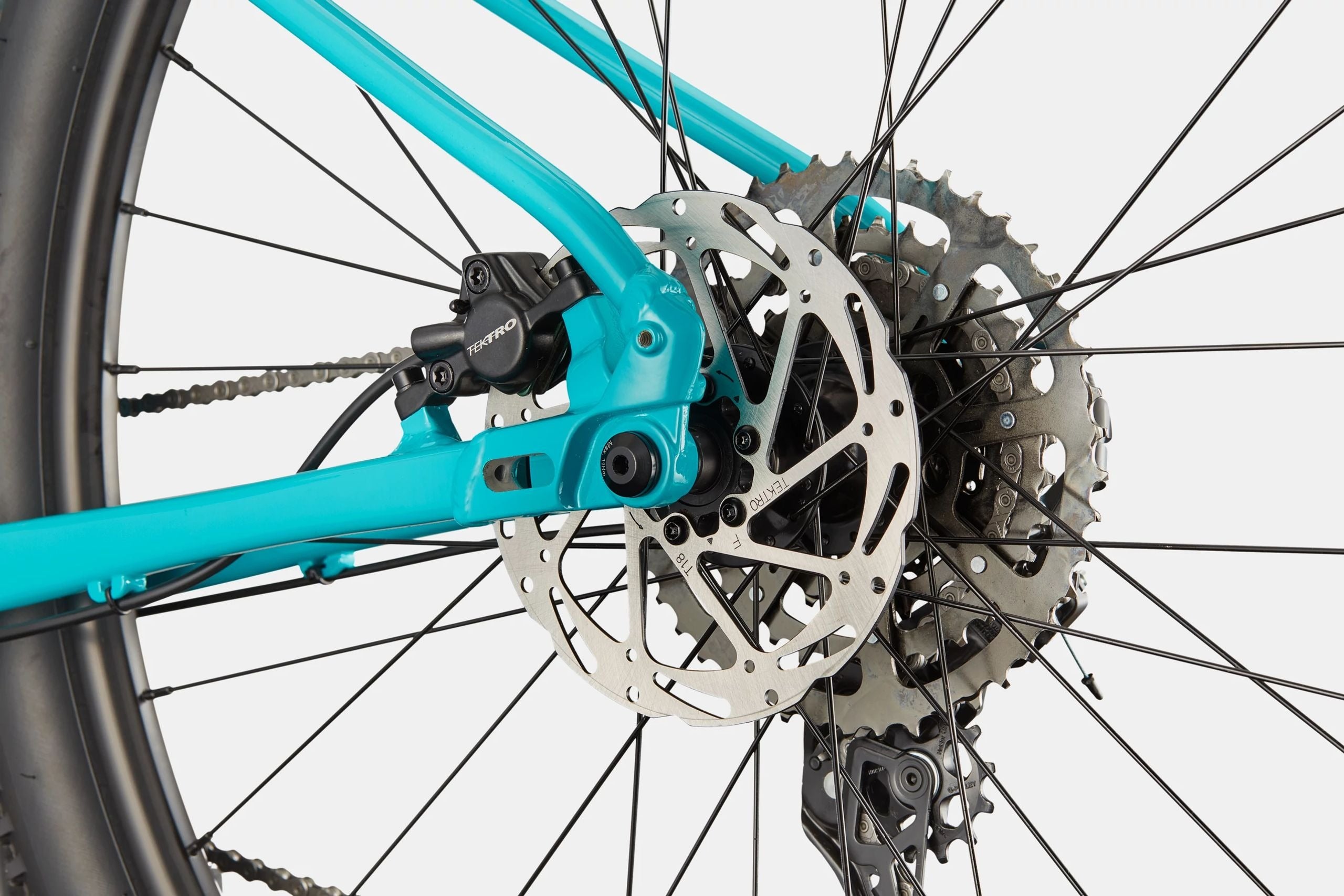 Close-up of a bicycle's gear system with a teal frame on a white background