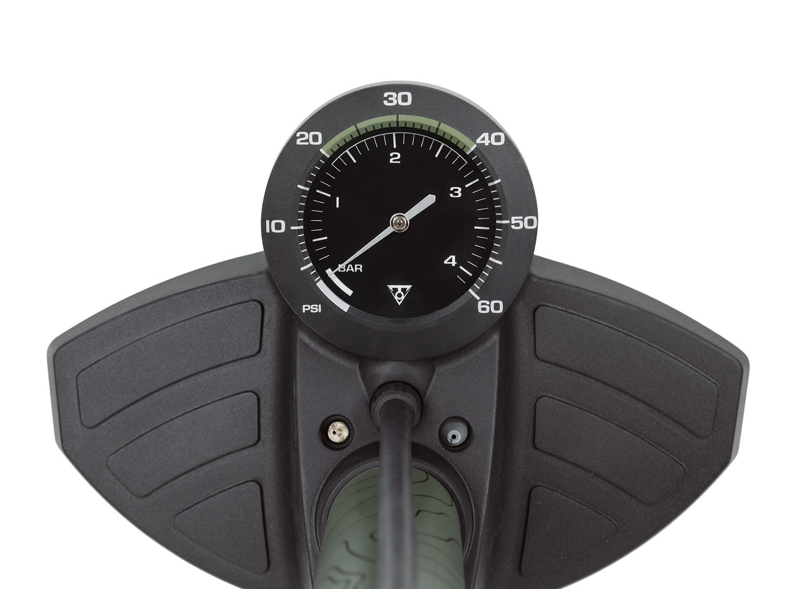 Close-up of a bike tyre pressure gauge on a floor pump on a white background