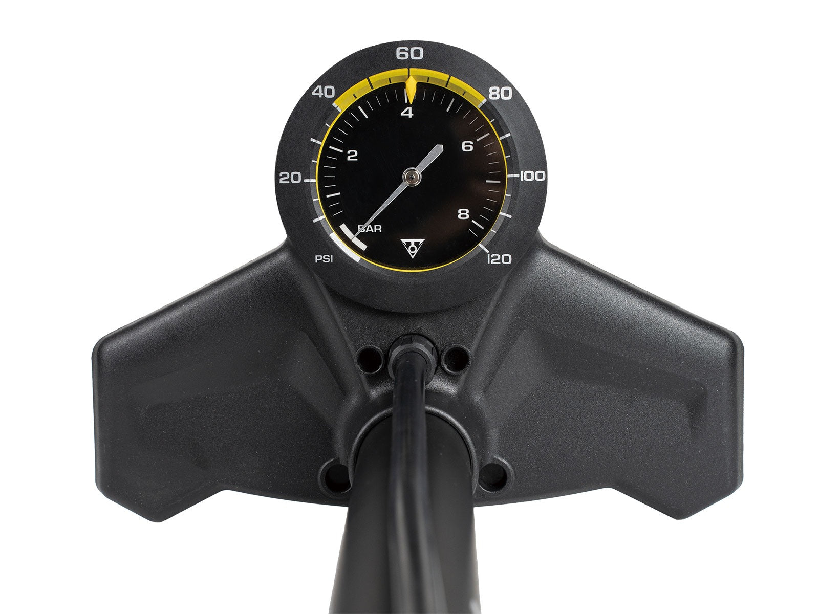 Black tyre pump pressure gauge on a white background