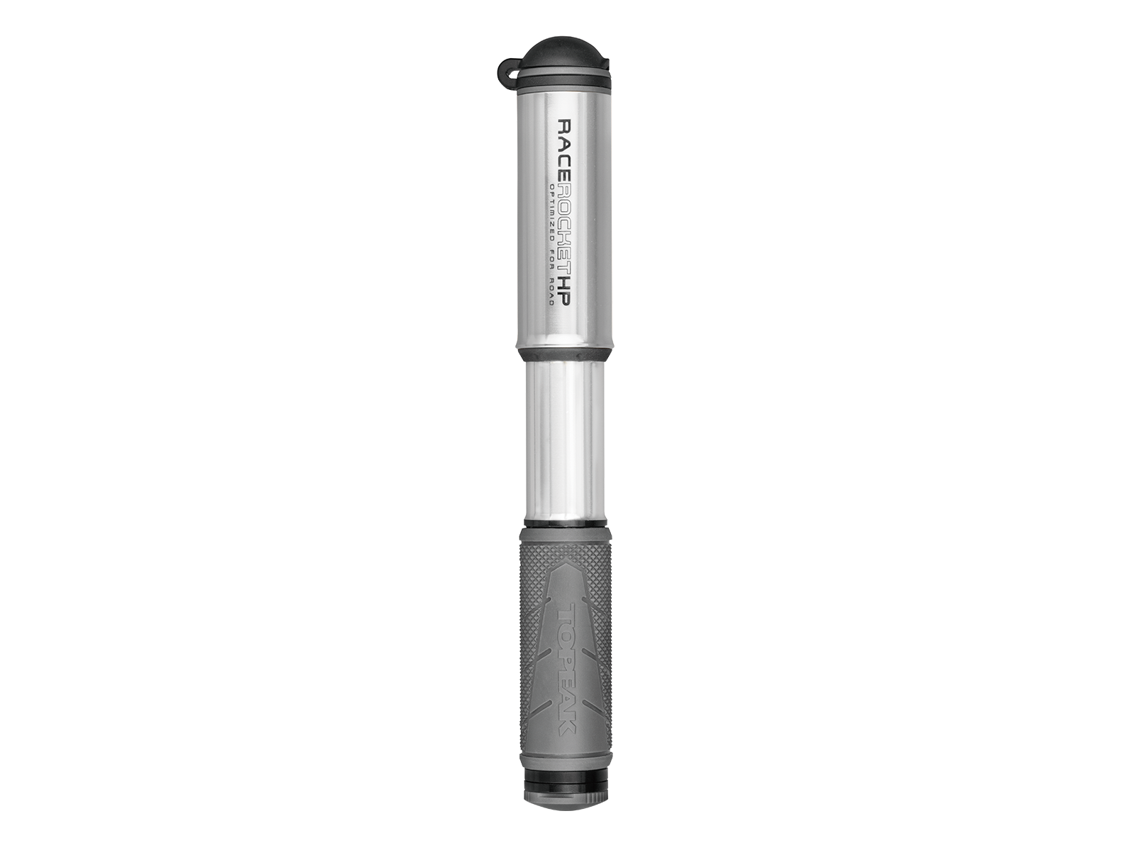Silver and black bicycle pump with 'Race Rocket' branding on a white background