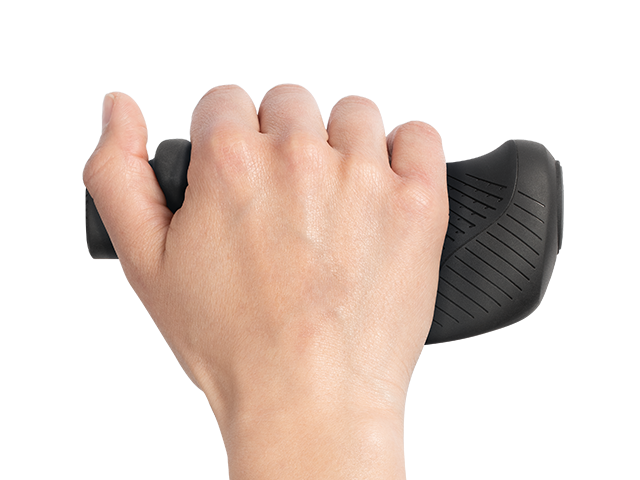 Hand holding a black bicycle Hand Grip on a white background