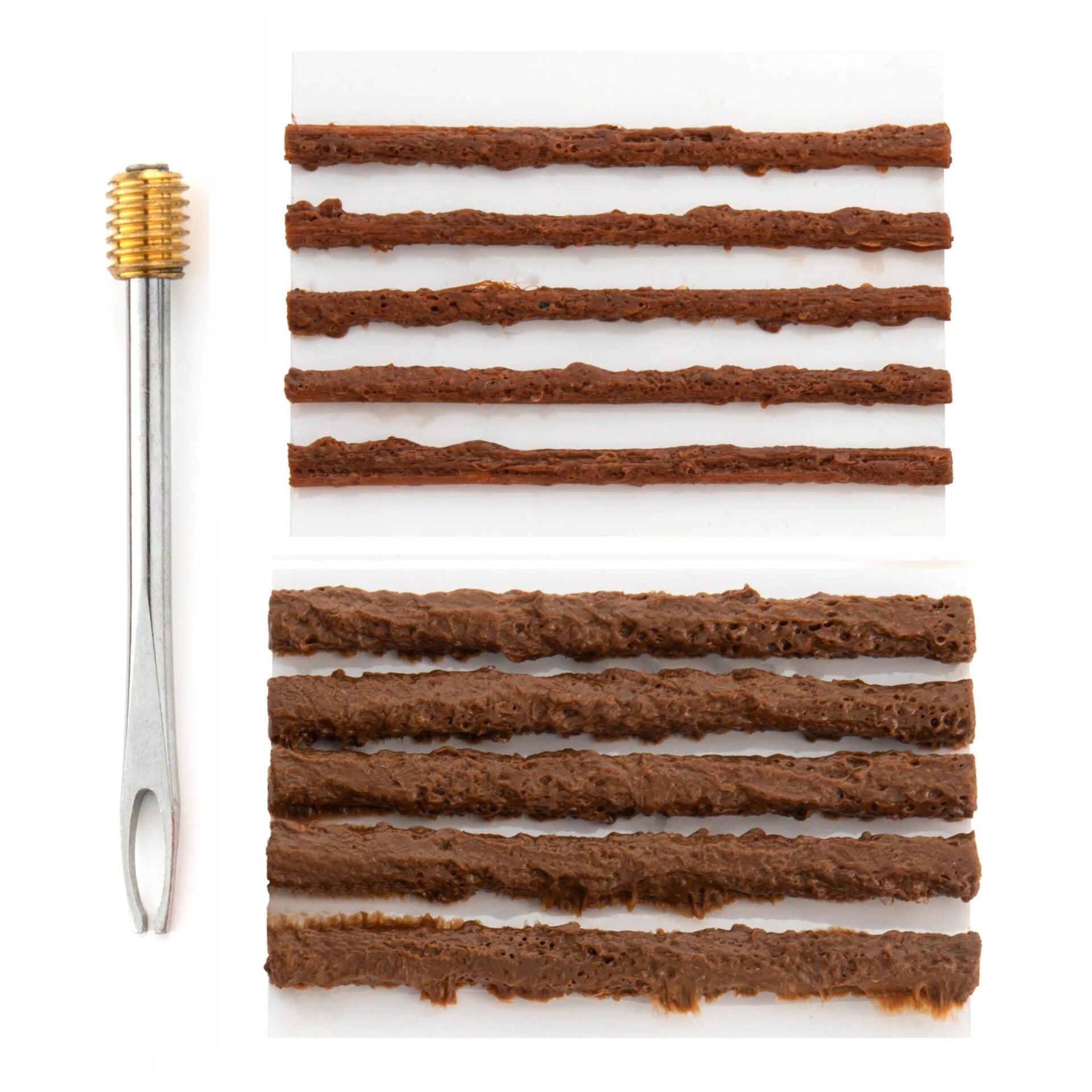 Brown Bicycle Tubeless Plugs with silver needle plugger on a white background