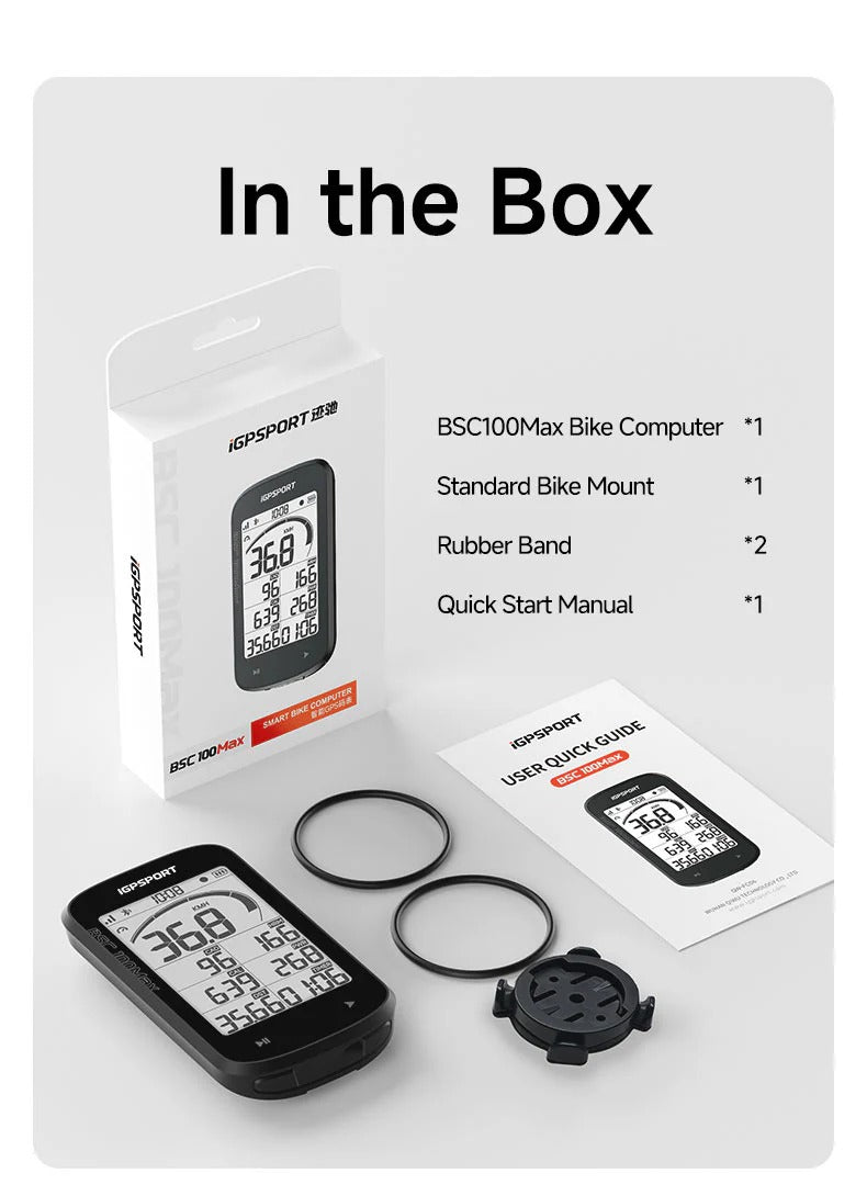 Bicycle computer with packaging and accessories on a white background